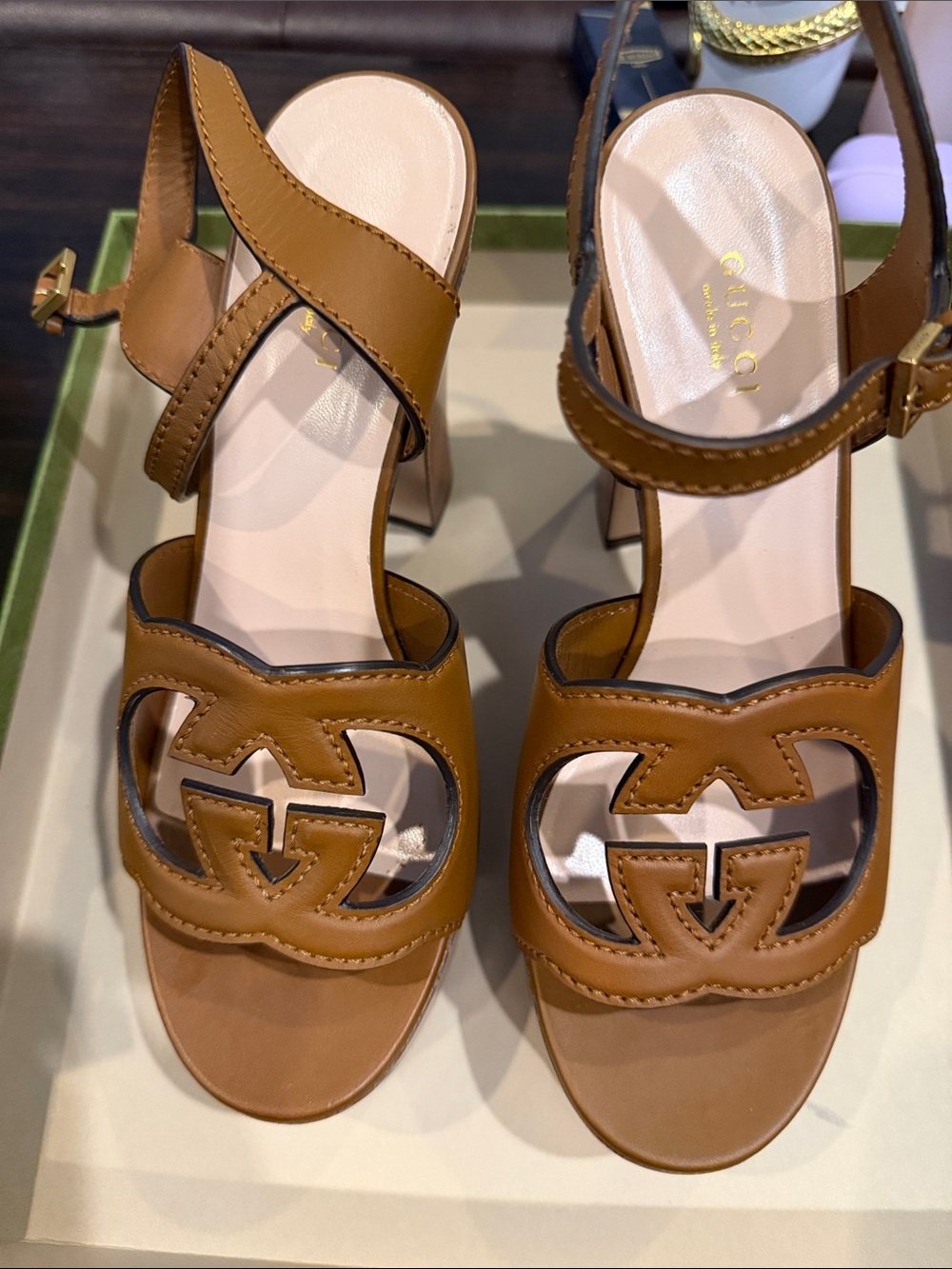 Gucci Tan Leather Interlocking-GG Slingback Heels
